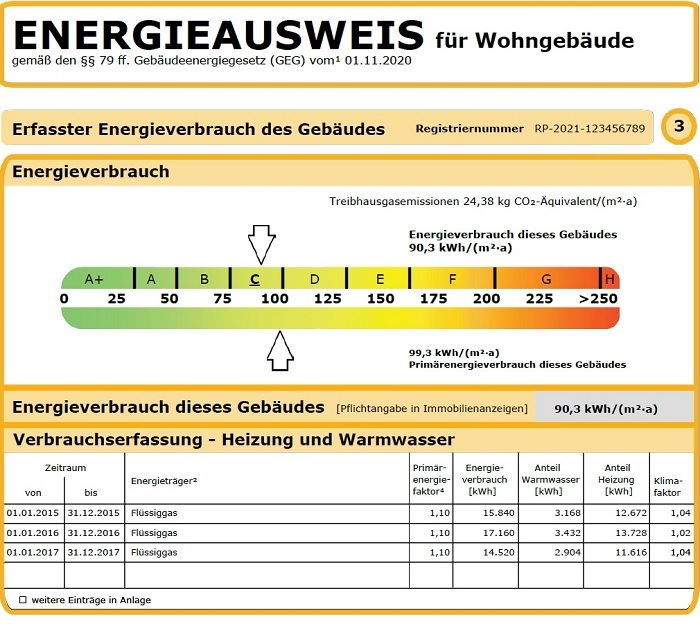 Energieausweis für ein Wohngebäude nach dem Verbrauch